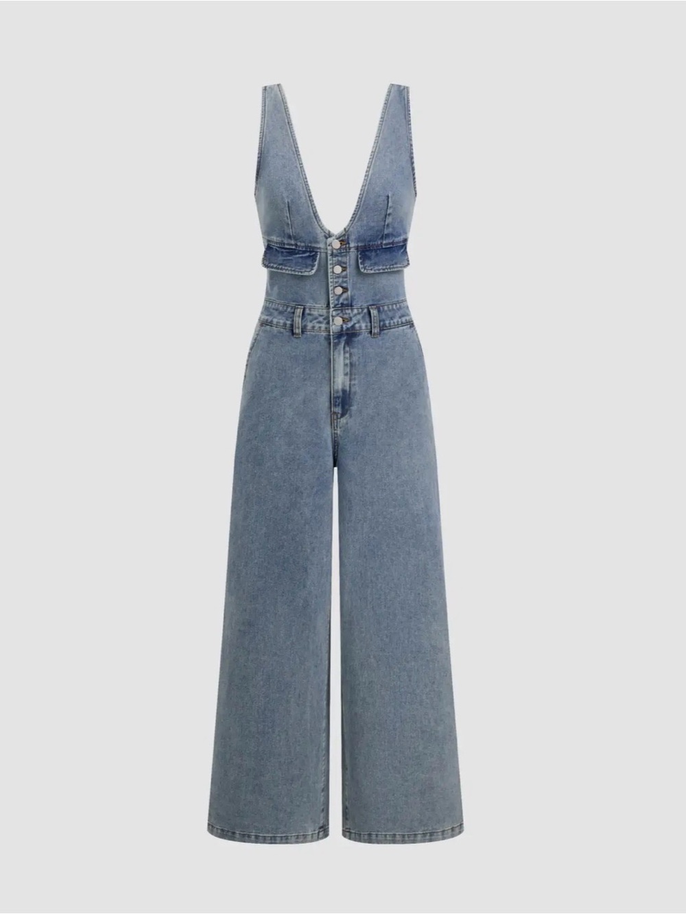 Cider Light Blue Deep V Wide-Leg Denim Jumpsuit